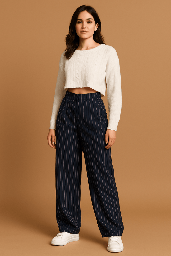 Damen Nadelstreifen Faltenhose Weit