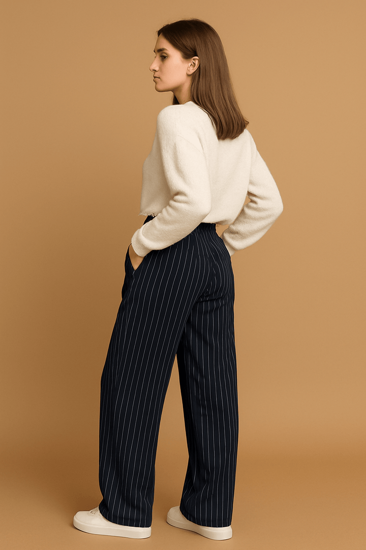 Damen Nadelstreifen Faltenhose Weit