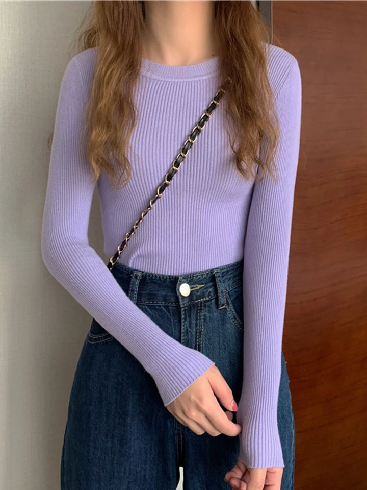 Damenpullover mit Langarm und Rundhalsausschnitt – Elastischer Strickpullover für Herbst und Winter 11