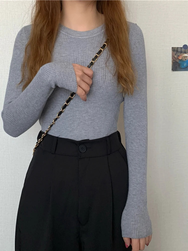 Damenpullover mit Langarm und Rundhalsausschnitt – Elastischer Strickpullover für Herbst und Winter 14