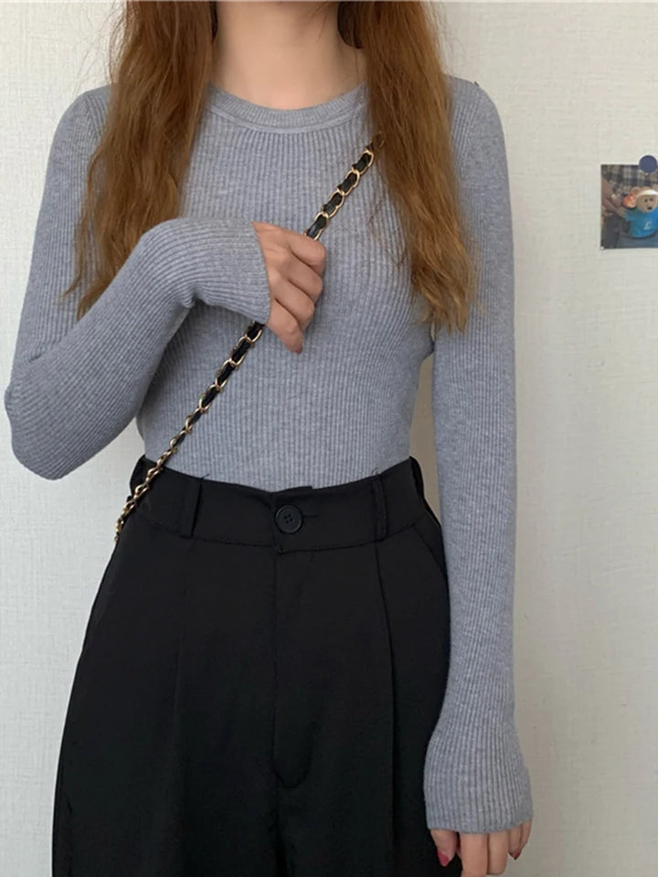 Damenpullover mit Langarm und Rundhalsausschnitt – Elastischer Strickpullover für Herbst und Winter 14