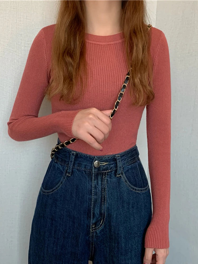 Damenpullover mit Langarm und Rundhalsausschnitt – Elastischer Strickpullover für Herbst und Winter 16