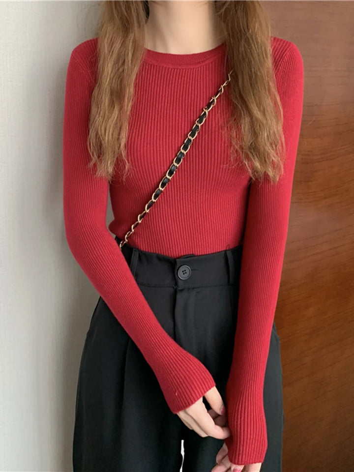 Damenpullover mit Langarm und Rundhalsausschnitt – Elastischer Strickpullover für Herbst und Winter 17