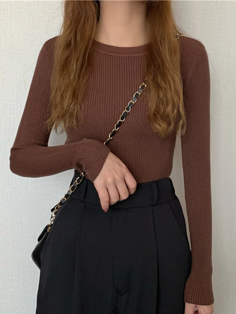 Damenpullover mit Langarm und Rundhalsausschnitt – Elastischer Strickpullover für Herbst und Winter 2