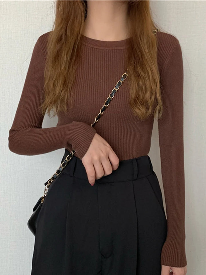 Damenpullover mit Langarm und Rundhalsausschnitt – Elastischer Strickpullover für Herbst und Winter 2