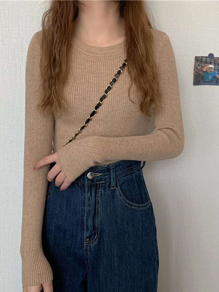 Damenpullover mit Langarm und Rundhalsausschnitt – Elastischer Strickpullover für Herbst und Winter 3