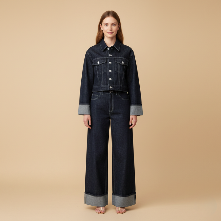 Vintage Anzug für Damen – Langärmliger Blazer mit Hoch Taillierten Weiten Jeans