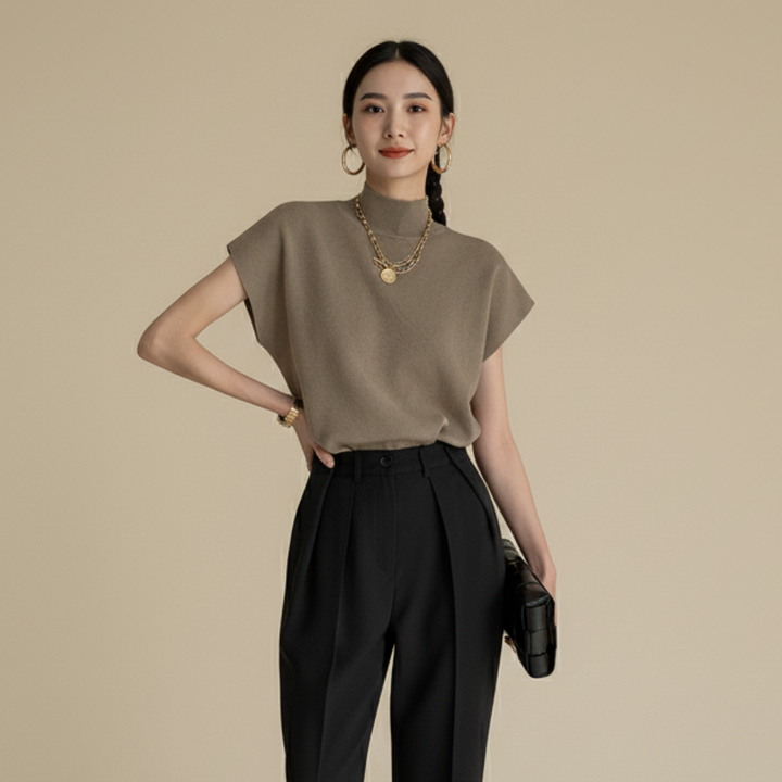 Elegantes Strickoberteil mit Stehkragen und kurzen Ärmeln für Damen – Vielseitiges Büro-Outfit