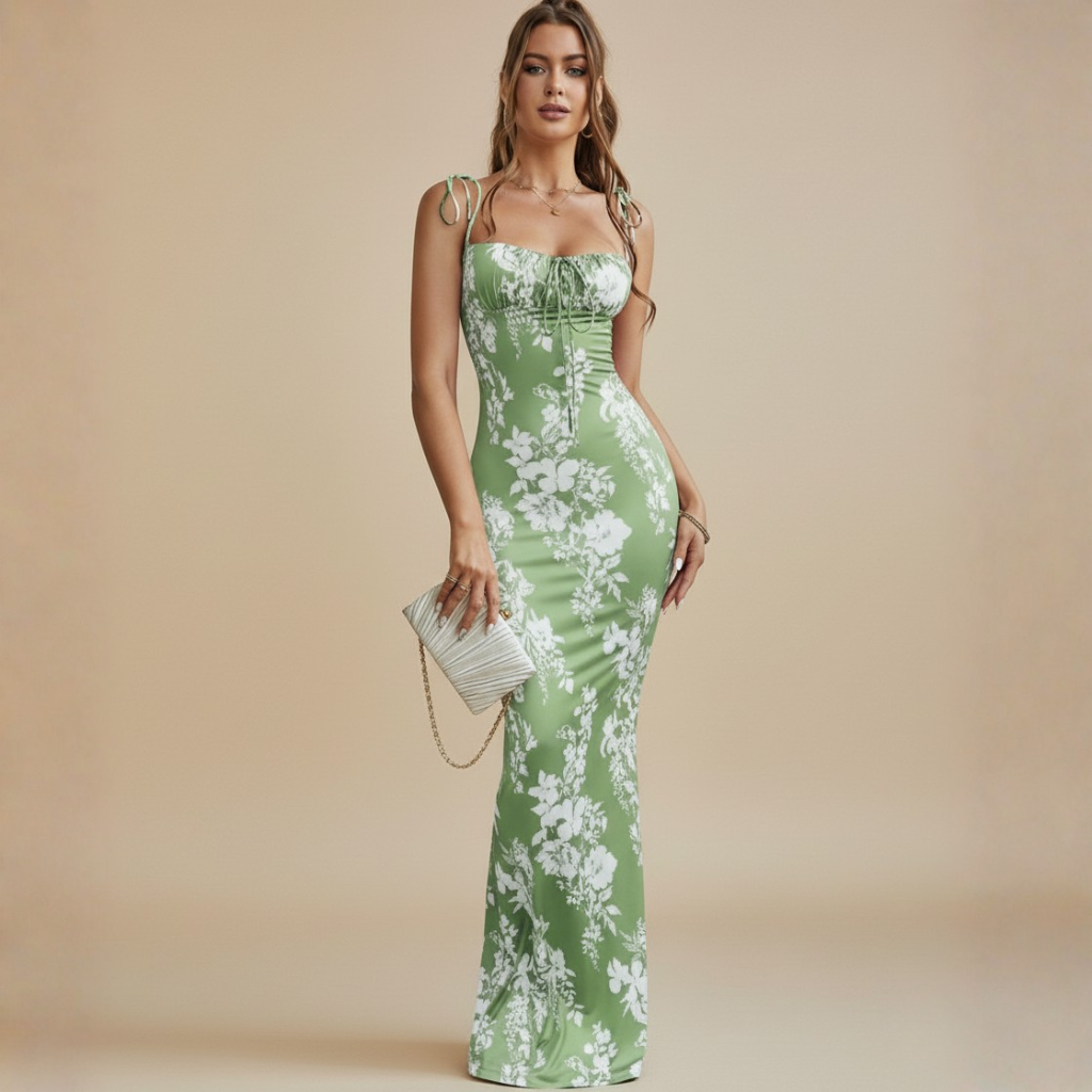 Maxikleid für Damen im Blumenmuster mit Schleifendetails – Figurbetontes Sommer Kleid Lang für Elegante Anlässe