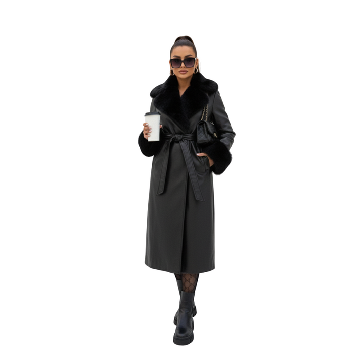 Leder Mantel Damen mit Felldetails und Taillierbarem Design – Eleganter Stil für Stilvolle Anlässe