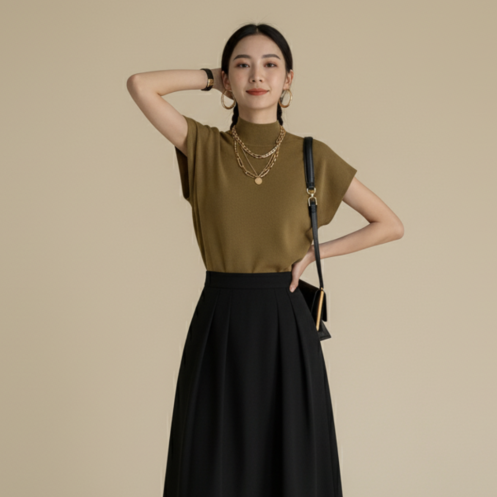 Elegantes Strickoberteil mit Stehkragen und kurzen Ärmeln für Damen – Vielseitiges Büro-Outfit