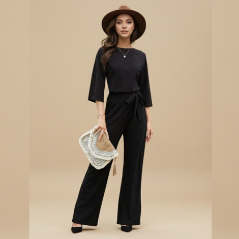 Damen Jumpsuit mit Weitem Bein – Eleganter Langarm für Hochzeiten und Besondere Anlässe