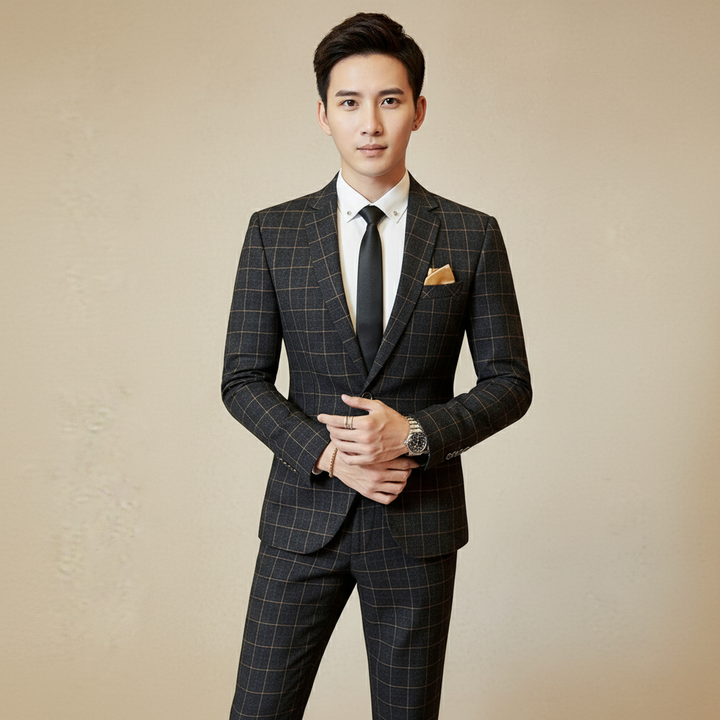 Herren Karierter Anzug Ein-Knopf Design – Pflegeleicht, Schmaler Schnitt, Für Hochzeiten und Formelle Anlässe