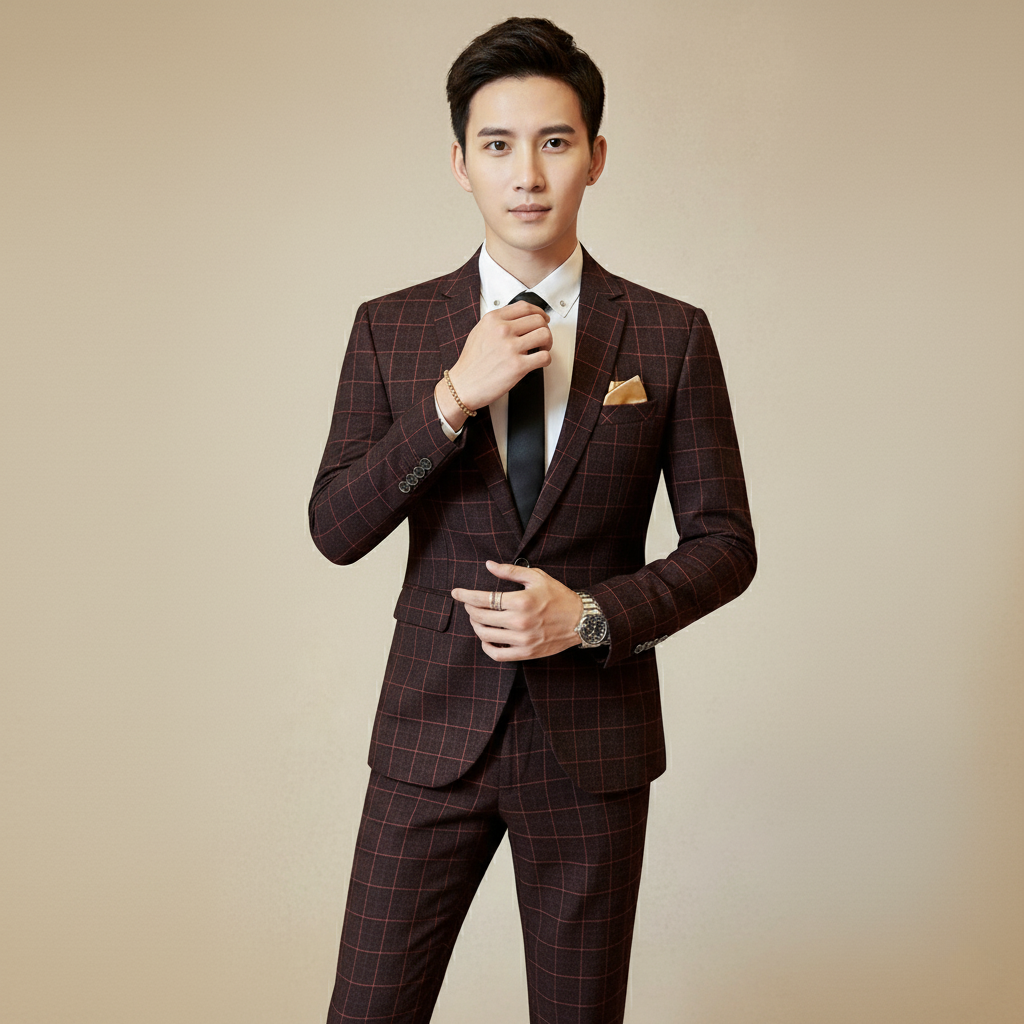 Herren Karierter Anzug Ein-Knopf Design – Pflegeleicht, Schmaler Schnitt, Für Hochzeiten und Formelle Anlässe