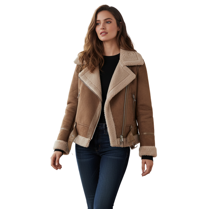 Lederjacke Damen im Biker-Stil mit Sherpa-Futter – Warm und Stilvoll für Herbst und Winter