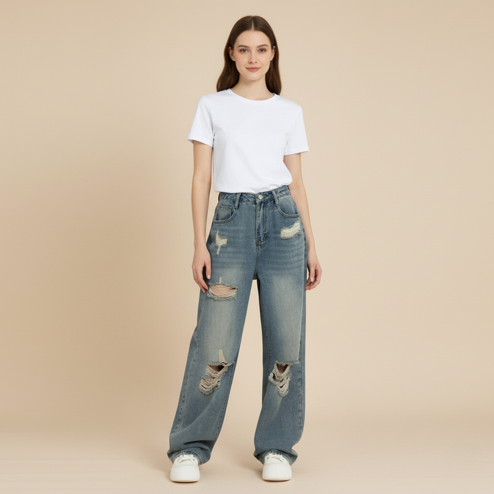 Zerrissene Jeans Damen – Hohe Taille, Weit Geschnitten, Lässiger Stil