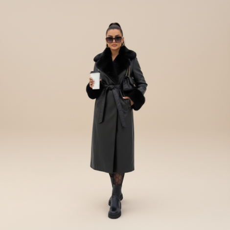 Leder Mantel Damen mit Felldetails und Taillierbarem Design – Eleganter Stil für Stilvolle Anlässe