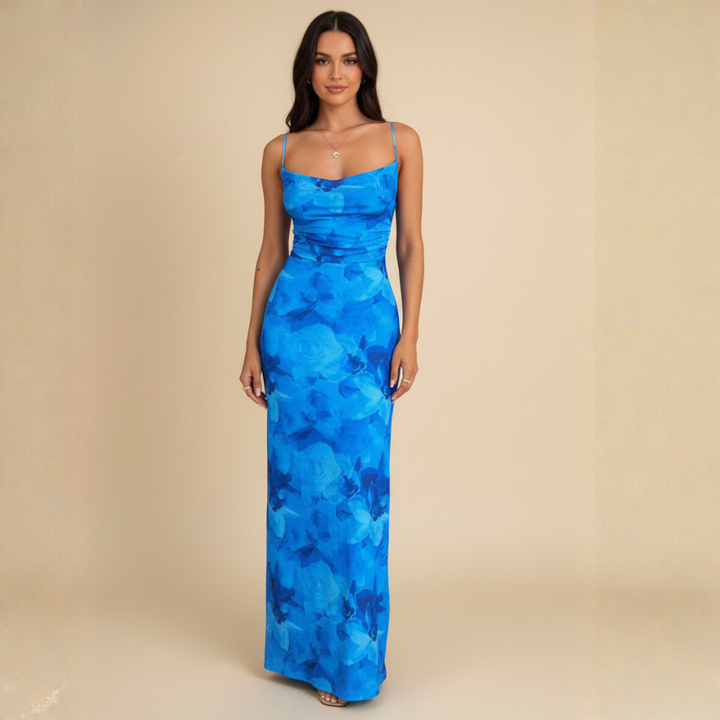 Maxikleid für Damen mit Spaghettiträgern – Elegantes Aquarellprint für Sommerabende und Festlichkeiten