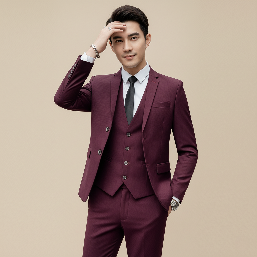 Herrenanzug Slim Fit Einfarbig mit Weste für Business und Formalanlässe