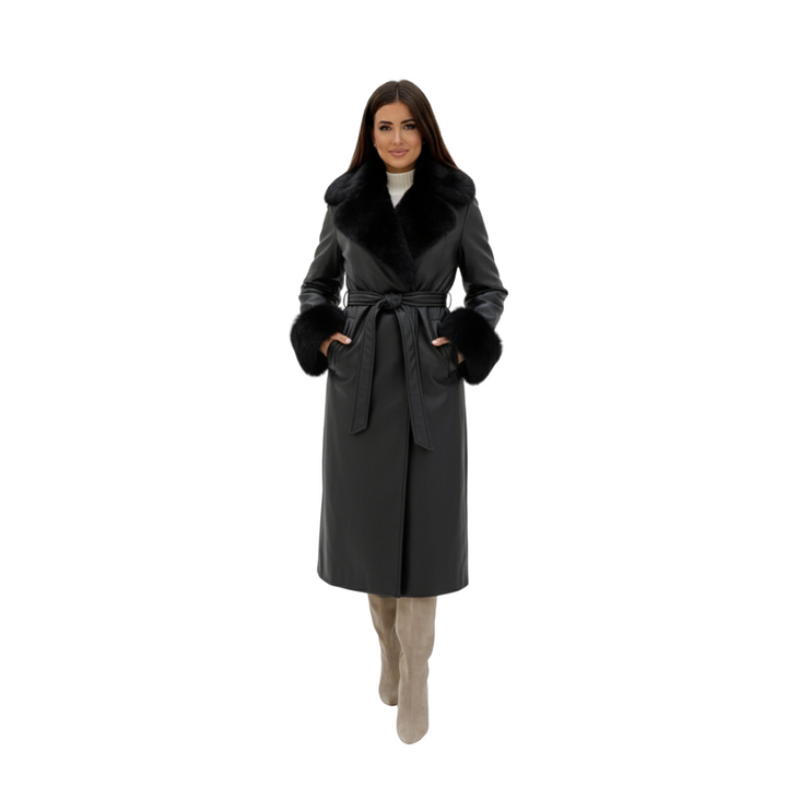 Leder Mantel Damen mit Felldetails und Taillierbarem Design – Eleganter Stil für Stilvolle Anlässe