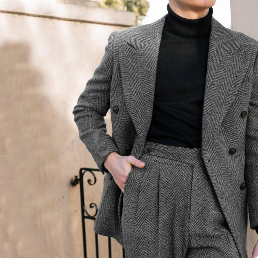 Eleganter Anzug Herren im Fischgrätenmuster – Doppelreiher, Slim Fit, 2-teilig, Grau für Hochzeiten und formelle Anlässe 0