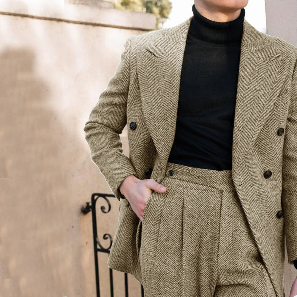 Eleganter Anzug Herren im Fischgrätenmuster – Doppelreiher, Slim Fit, 2-teilig, Grau für Hochzeiten und formelle Anlässe 1
