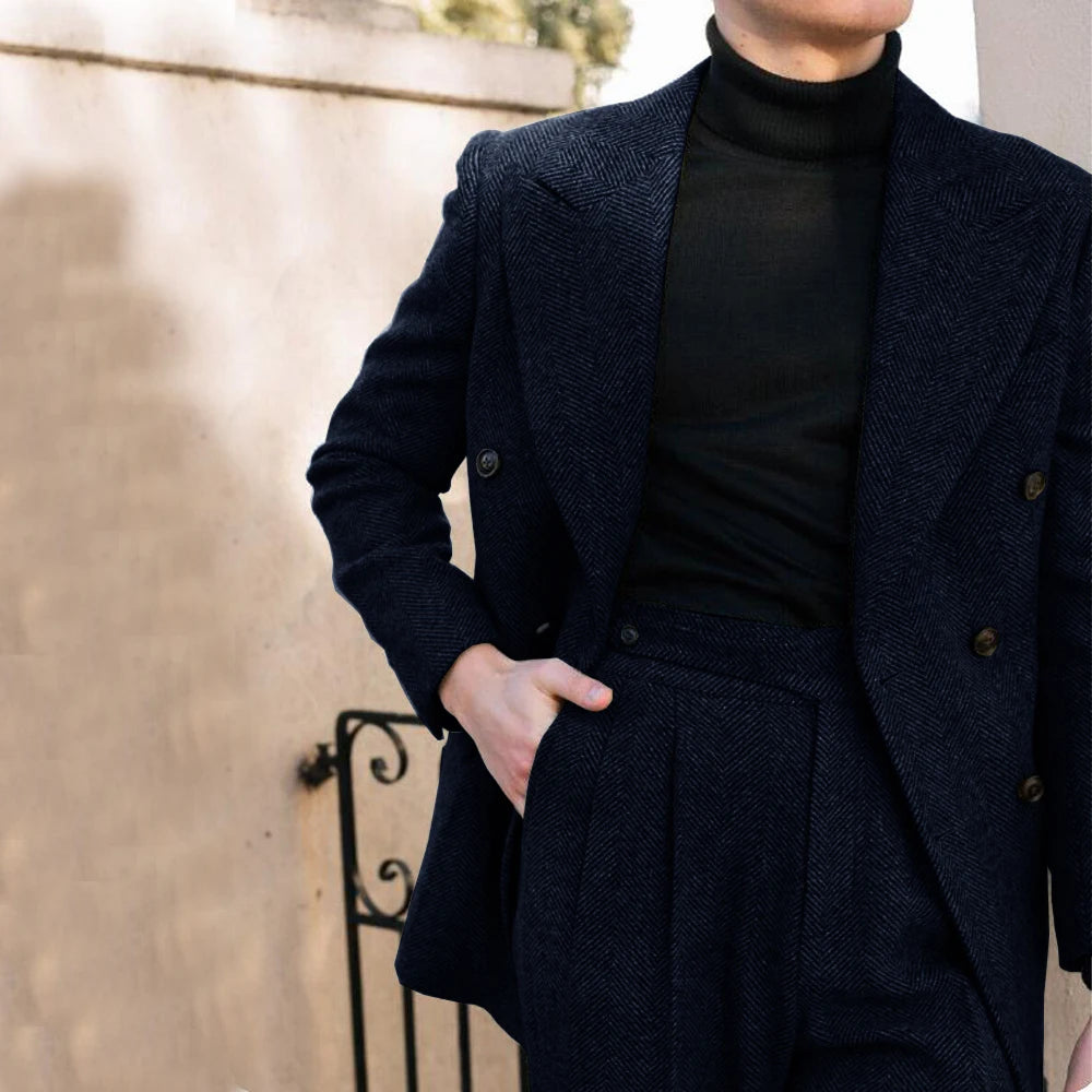 Eleganter Anzug Herren im Fischgrätenmuster – Doppelreiher, Slim Fit, 2-teilig, Grau für Hochzeiten und formelle Anlässe 10