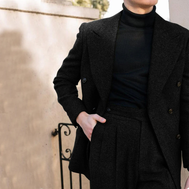 Eleganter Anzug Herren im Fischgrätenmuster – Doppelreiher, Slim Fit, 2-teilig, Grau für Hochzeiten und formelle Anlässe 11