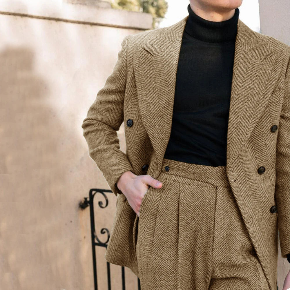 Eleganter Anzug Herren im Fischgrätenmuster – Doppelreiher, Slim Fit, 2-teilig, Grau für Hochzeiten und formelle Anlässe 13