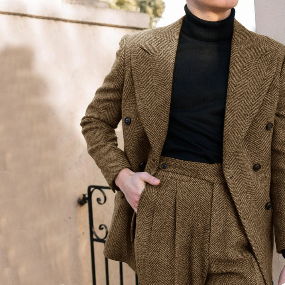 Eleganter Anzug Herren im Fischgrätenmuster – Doppelreiher, Slim Fit, 2-teilig, Grau für Hochzeiten und formelle Anlässe 15