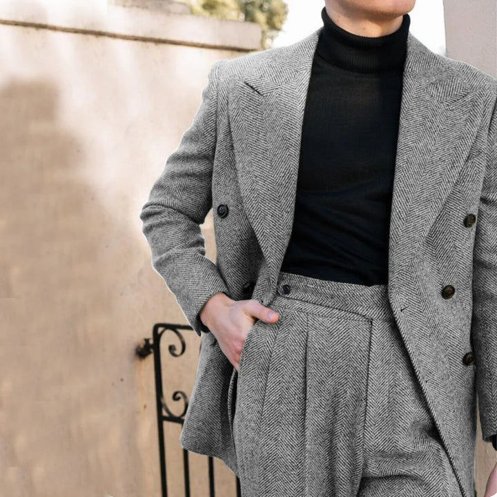 Eleganter Anzug Herren im Fischgrätenmuster – Doppelreiher, Slim Fit, 2-teilig, Grau für Hochzeiten und formelle Anlässe 2