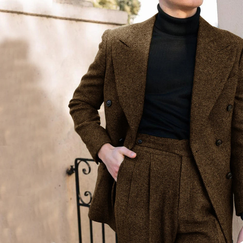 Eleganter Anzug Herren im Fischgrätenmuster – Doppelreiher, Slim Fit, 2-teilig, Grau für Hochzeiten und formelle Anlässe 7