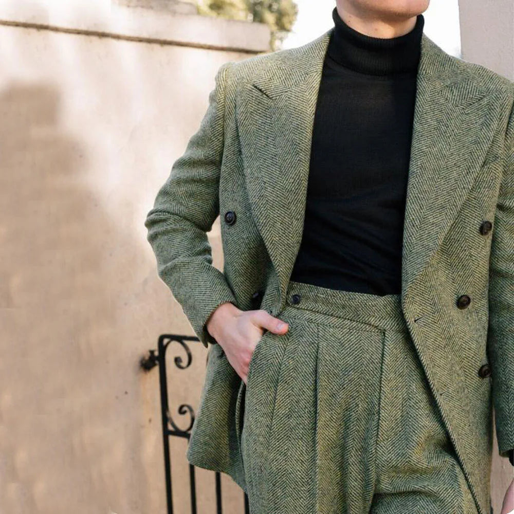 Eleganter Anzug Herren im Fischgrätenmuster – Doppelreiher, Slim Fit, 2-teilig, Grau für Hochzeiten und formelle Anlässe 9