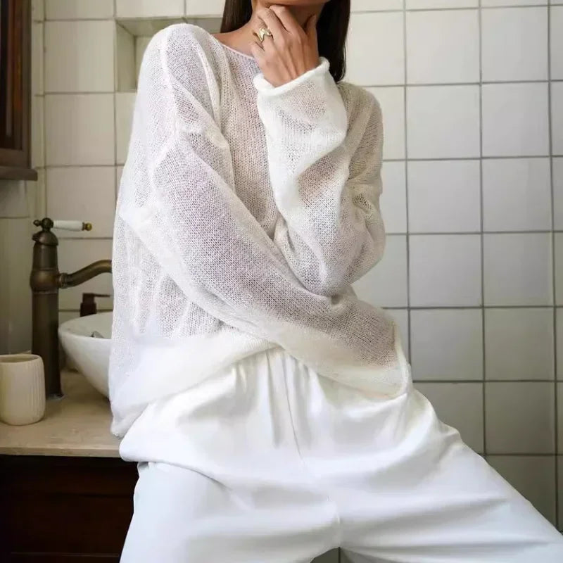 Eleganter Damenpullover aus Baumwolle in Pink und Weiß – Lockere Strickjacke für Sommer und Herbst, Größen S bis XL 0