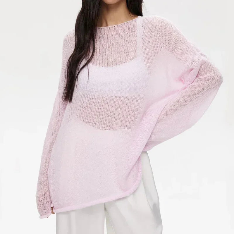 Eleganter Damenpullover aus Baumwolle in Pink und Weiß – Lockere Strickjacke für Sommer und Herbst, Größen S bis XL 4