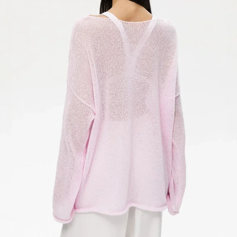 Eleganter Damenpullover aus Baumwolle in Pink und Weiß – Lockere Strickjacke für Sommer und Herbst, Größen S bis XL 5