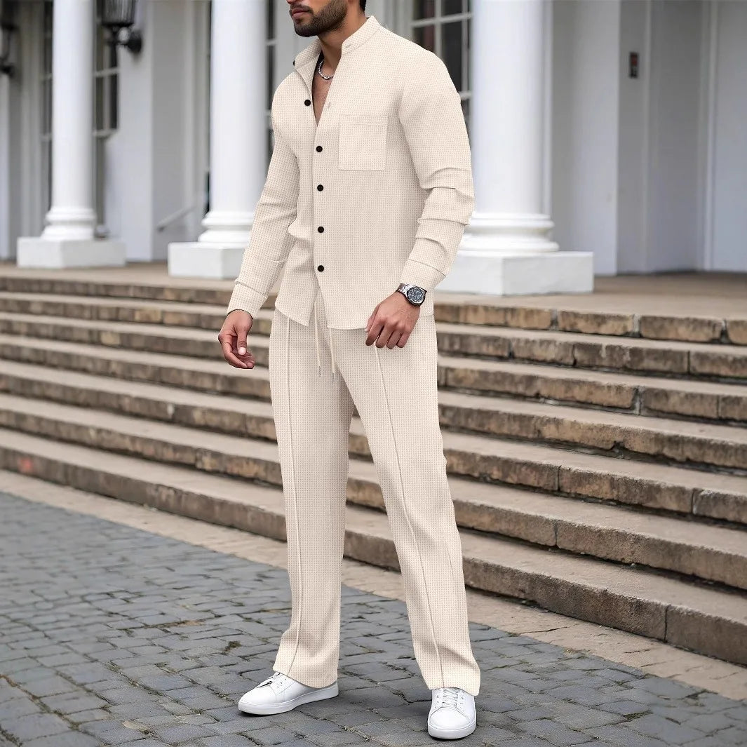 Eleganter Herrenanzug mit Waffelstruktur – Langarmshirt und Bequeme Lange Hosen für Lässige Anlässe 0