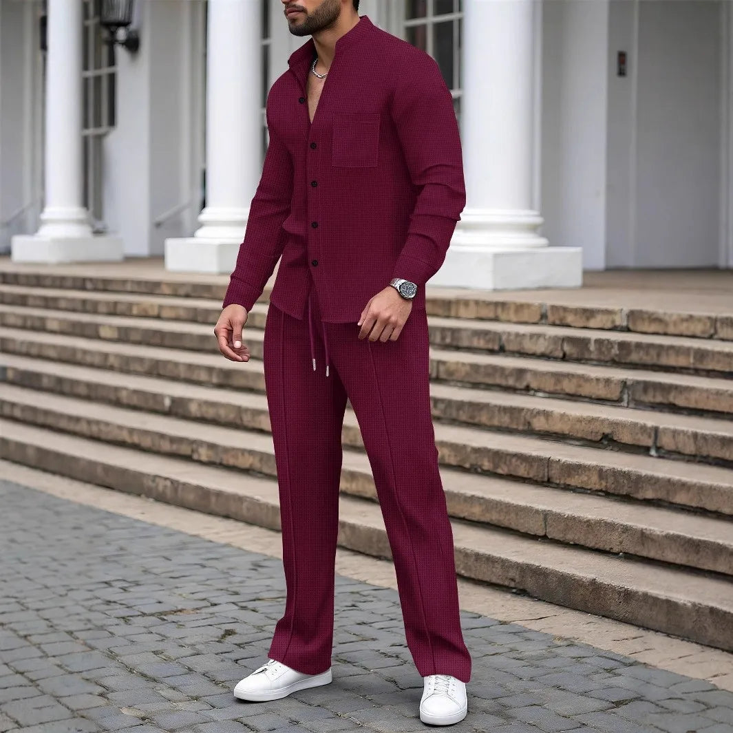 Eleganter Herrenanzug mit Waffelstruktur – Langarmshirt und Bequeme Lange Hosen für Lässige Anlässe 4