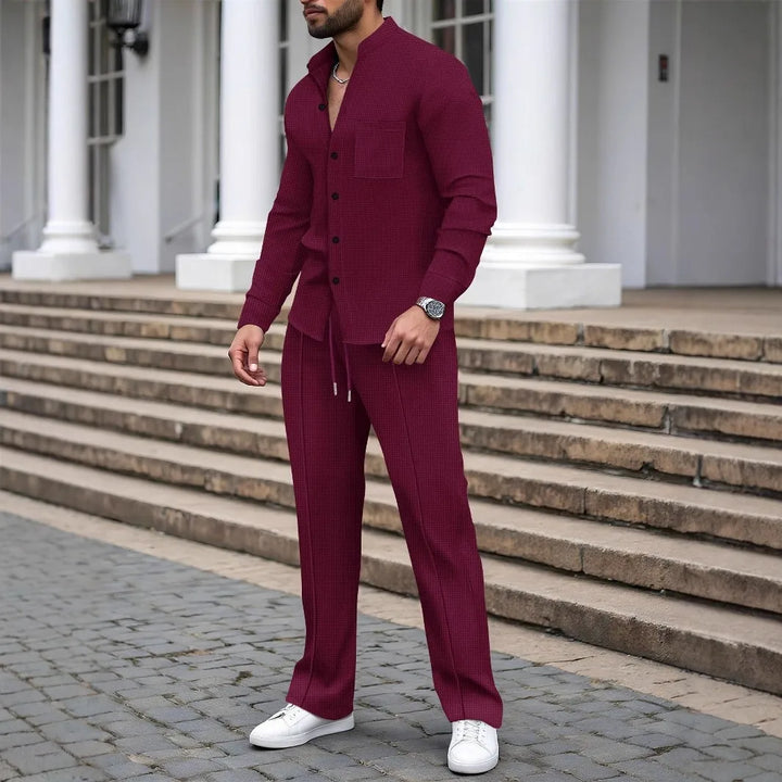 Eleganter Herrenanzug mit Waffelstruktur – Langarmshirt und Bequeme Lange Hosen für Lässige Anlässe 4