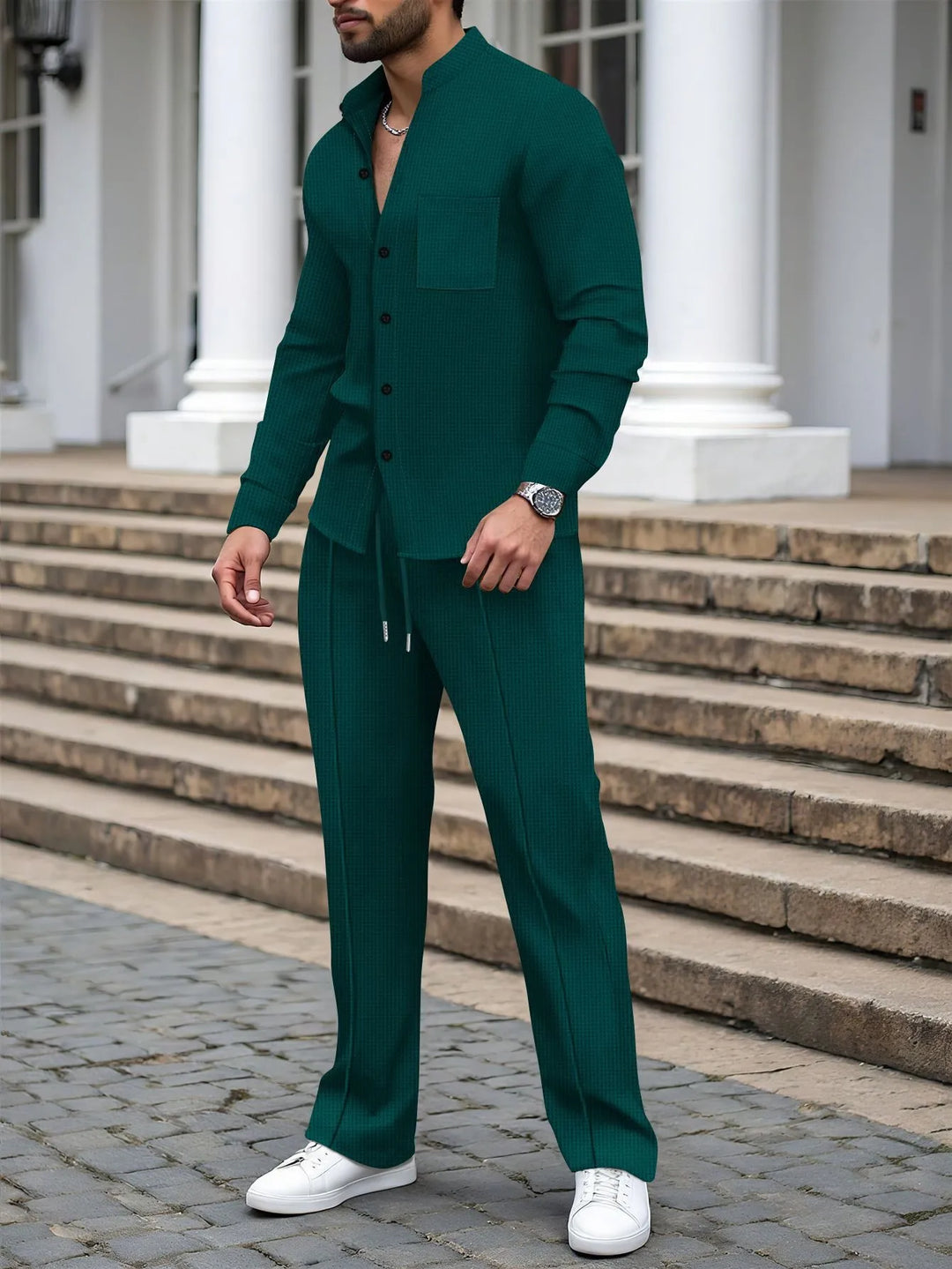 Eleganter Herrenanzug mit Waffelstruktur – Langarmshirt und Bequeme Lange Hosen für Lässige Anlässe 5