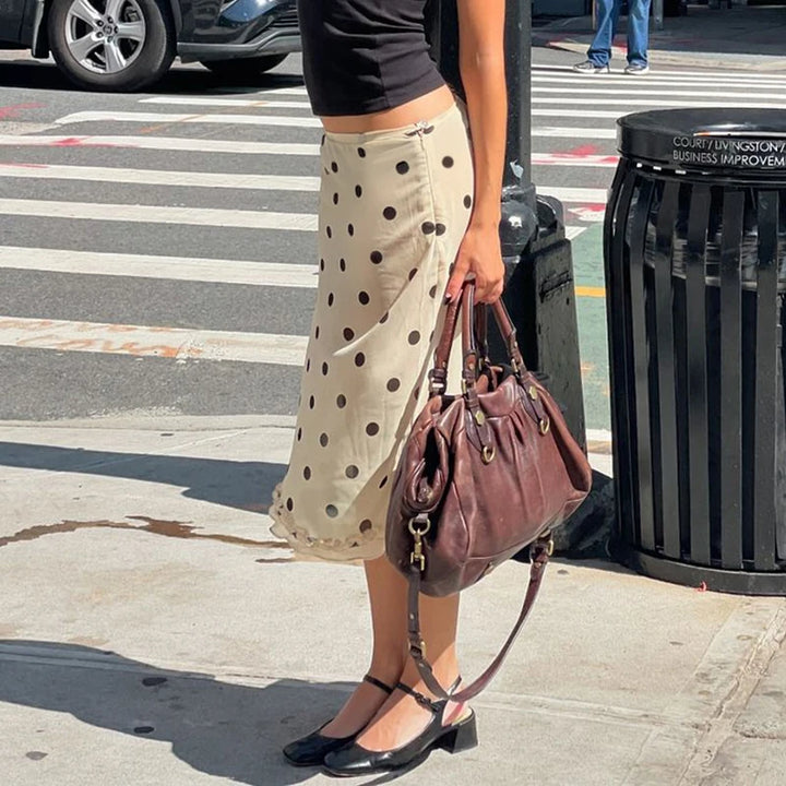 Eleganter Midi-Rock für Damen in Beige mit Polka-Dots und Rüschensaum – Vielseitige Streetwear für verschiedene Anlässe 2