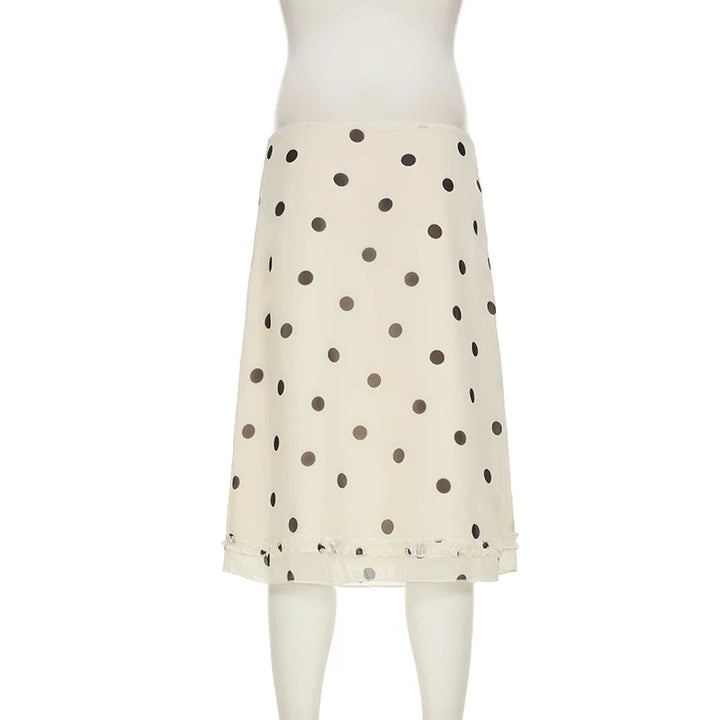 Eleganter Midi-Rock für Damen in Beige mit Polka-Dots und Rüschensaum – Vielseitige Streetwear für verschiedene Anlässe 5