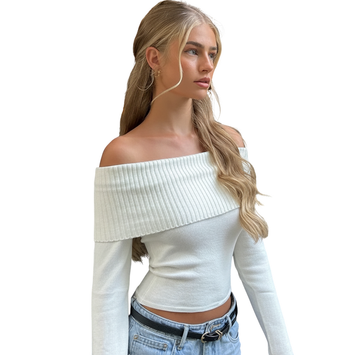 Elegantes Off-Shoulder Ripp-Crop-Top für Damen – Langarm