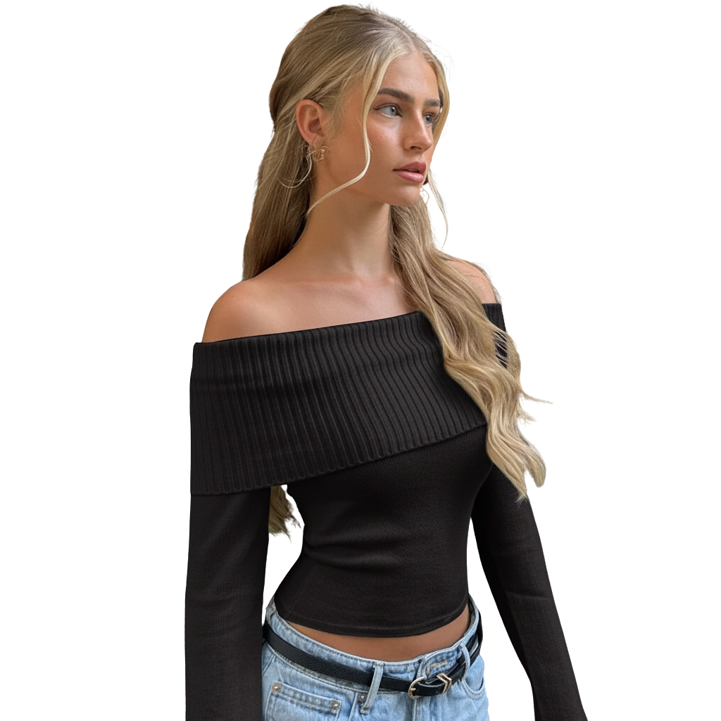 Elegantes Off-Shoulder Ripp-Crop-Top für Damen – Langarm