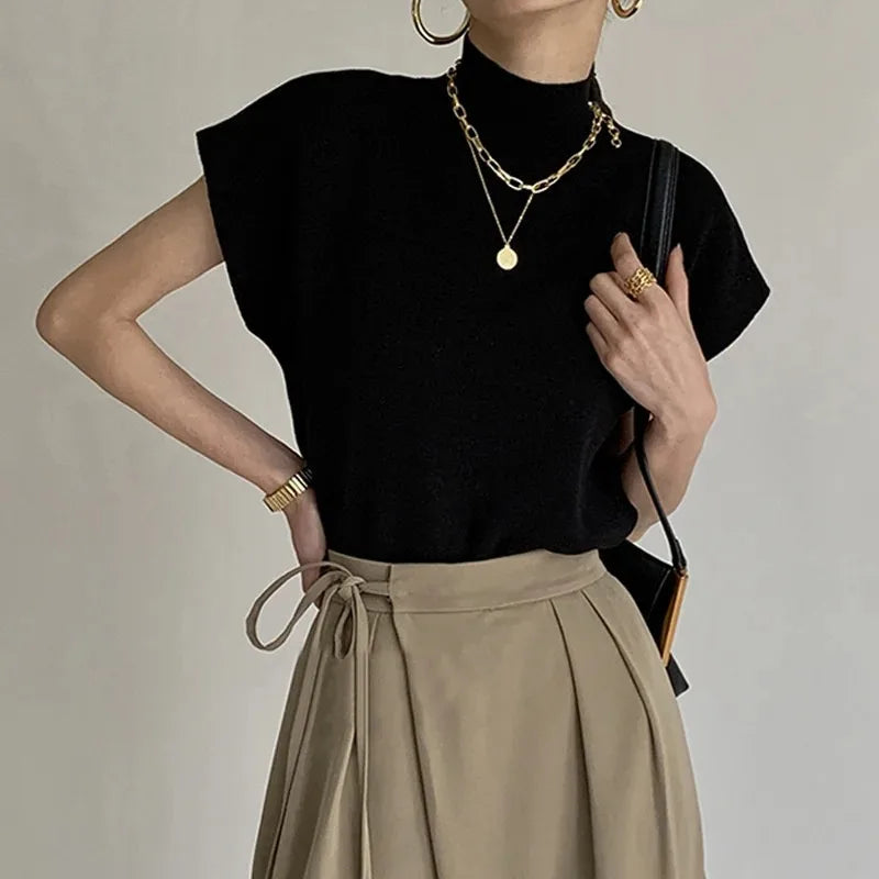 Elegantes Strickoberteil mit Stehkragen und kurzen Ärmeln für Damen – Vielseitiges Büro-Outfit 0