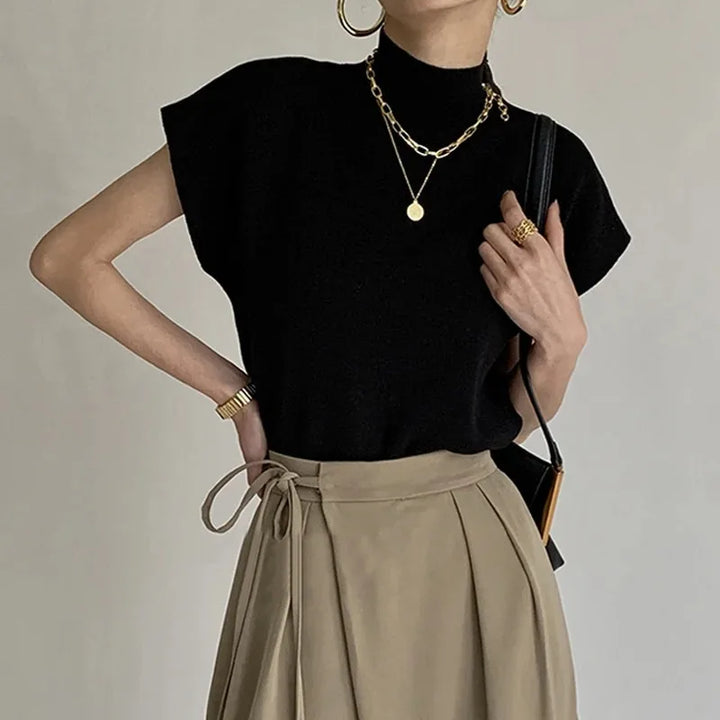 Elegantes Strickoberteil mit Stehkragen und kurzen Ärmeln für Damen – Vielseitiges Büro-Outfit 0