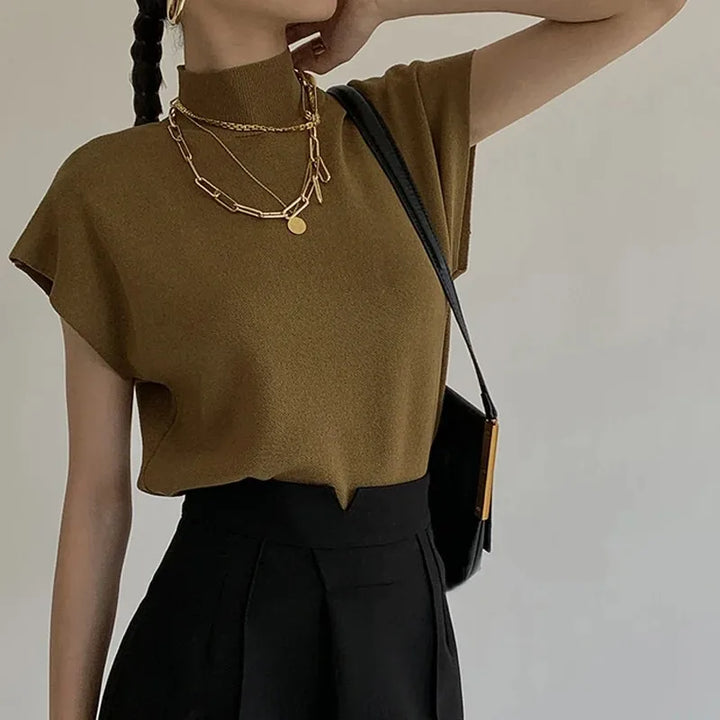 Elegantes Strickoberteil mit Stehkragen und kurzen Ärmeln für Damen – Vielseitiges Büro-Outfit 1