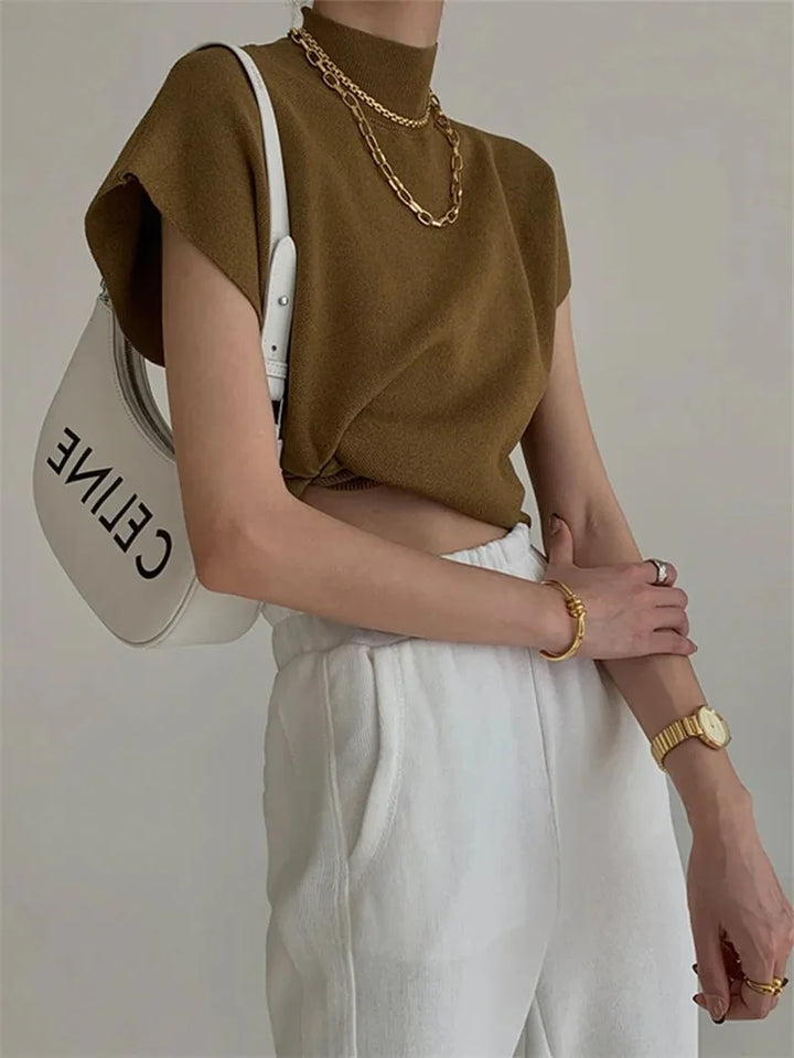 Elegantes Strickoberteil mit Stehkragen und kurzen Ärmeln für Damen – Vielseitiges Büro-Outfit 2