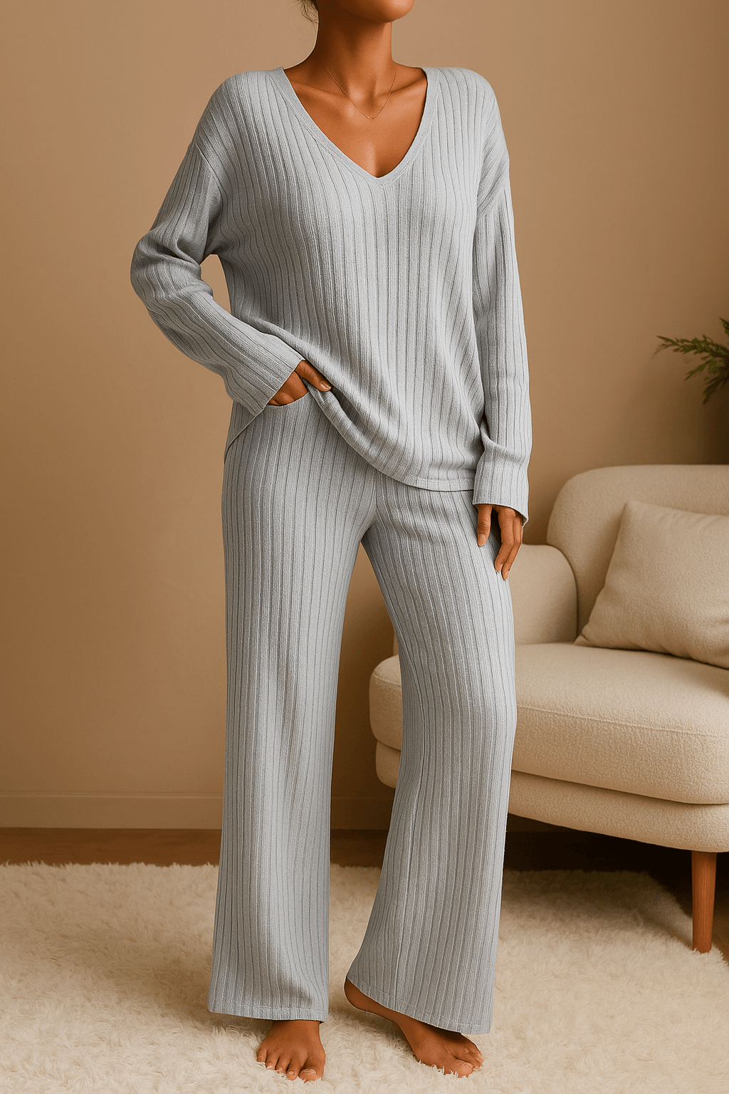 Evangeline Damen Lounge-Set mit Rippmuster & V-Ausschnitt
