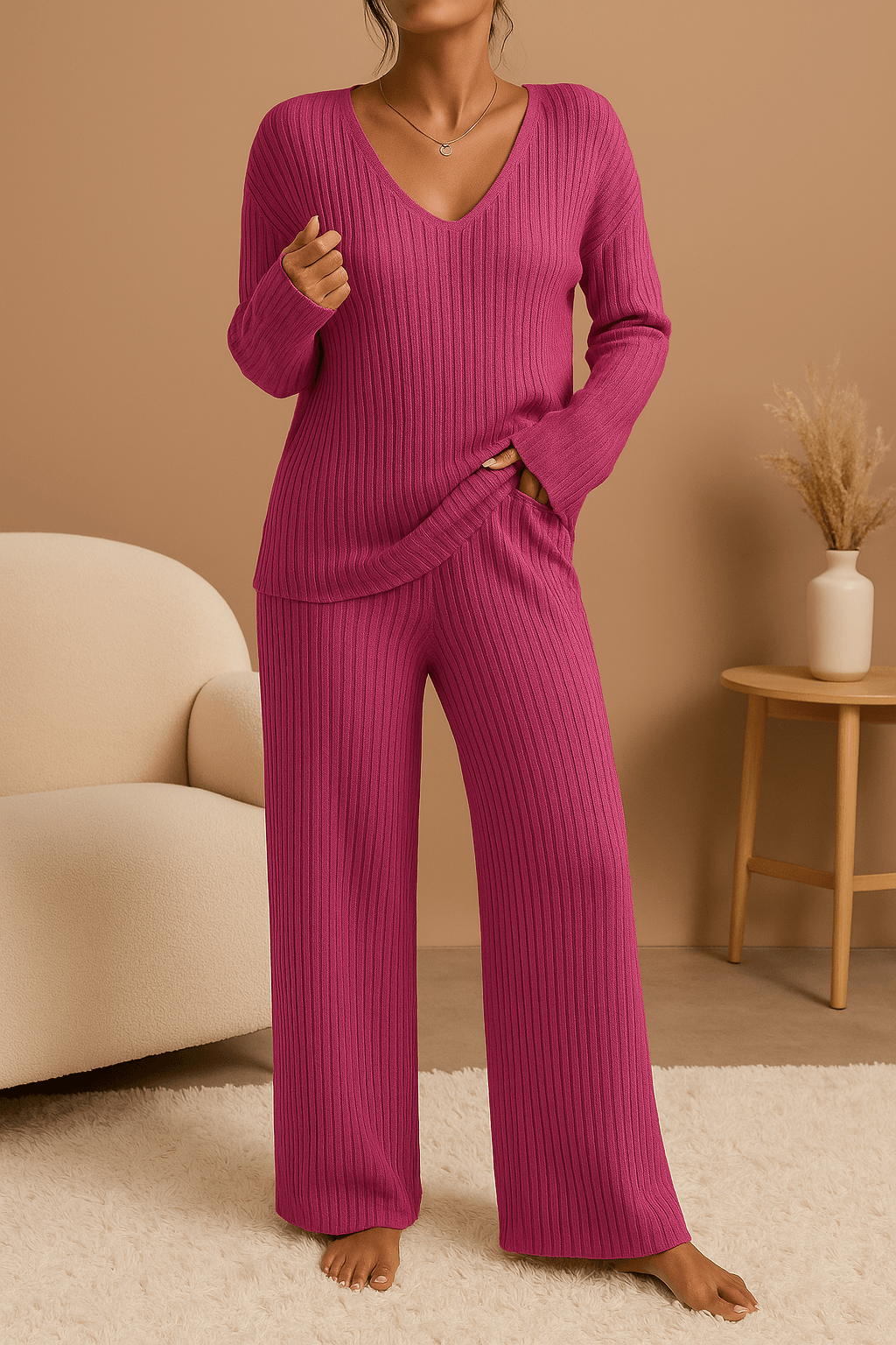 Evangeline Damen Lounge-Set mit Rippmuster & V-Ausschnitt